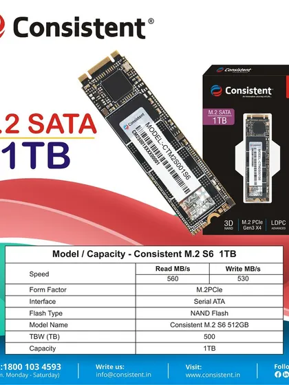 Our 1TB M.2 SATA SSD offers massive storage with consistent performance. The technical specifications show read/write speeds of 560/530 MB/s and a very high endurance rating of 500 TBW.