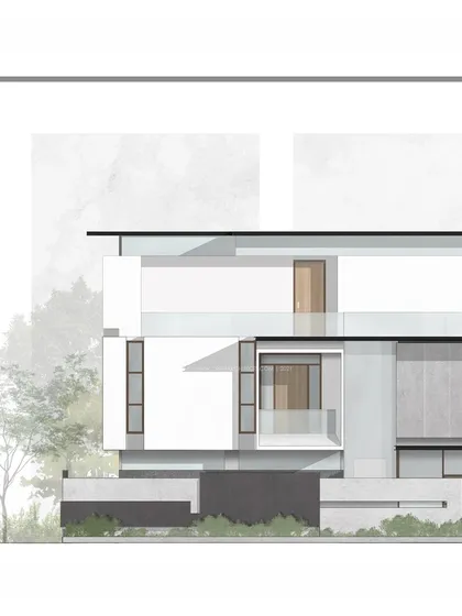 A 2D elevation render of 'The Parasol.' This type of drawing is a key part of our design process, allowing us to study the proportions, materials, and composition of the facade in detail.