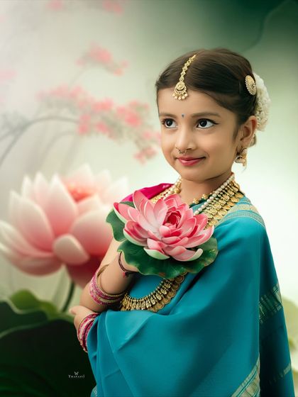 Holding a lotus flower, this young girl embodies grace and poise in her traditional attire.