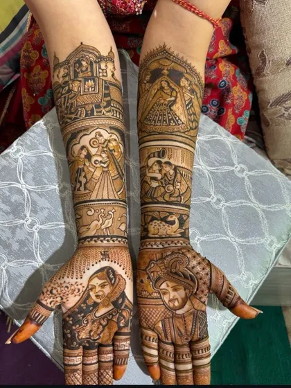 This mehndi is a full narrative, showing the couple's portraits, the varmala exchange, the doli procession, and other wedding rituals, all woven together with fine-line patterns.