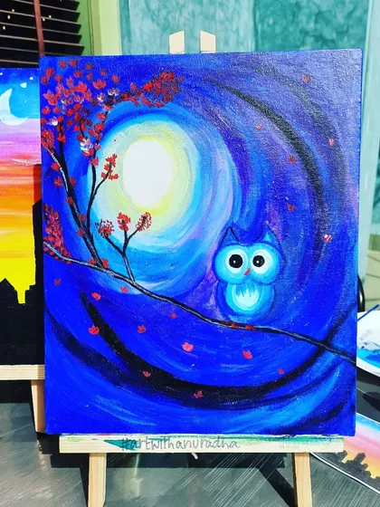 Owl be there for you. A cute and whimsical night scene painting, perfect for letting the imagination soar.