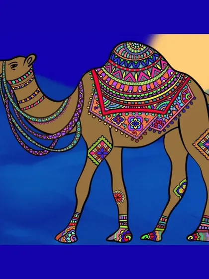 In this full view, the camel stands as a canvas for tradition. It's a piece of digital folk art that brings together my love for storytelling and cultural heritage, perfect for a statement wall art print.