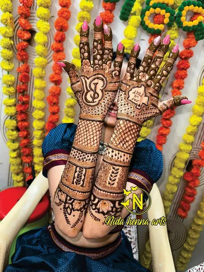 This customized bridal mehandi features the couple's initials and the skylines of Mumbai and New York City. It's a perfect example of how we can blend personal stories and important places into your design.
