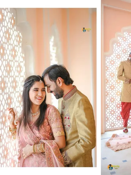 A collage showing candid moments from the traditional shoot, including the groom getting ready and the couple sharing a laugh.