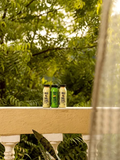 Alt Co. protein drinks lined up on a balcony railing with a natural green background. This simple lifestyle shot feels serene and connects the product with a moment of peaceful reflection.