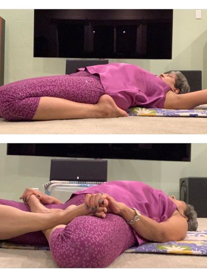 A two-part image showing the entry into Supta Vajrasana, from a seated position to the full recline.