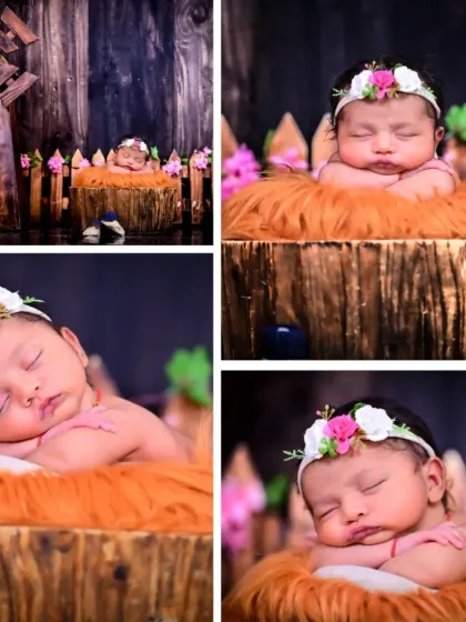 A collage showcasing a newborn in a rustic, farm-themed setup. It highlights different angles and details from a single session, from close-ups to wider shots.