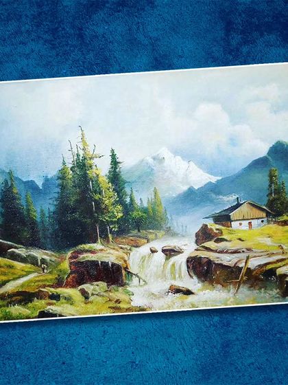 A classic landscape painting of a mountain stream and cabin, created with oil paints. This piece showcases techniques for painting water, trees, and distant mountains.