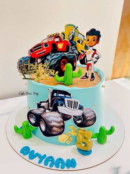 Blazing into five with this Monster Machines cake. Featuring Blaze and other characters, it's a guaranteed hit for any fan of the show.