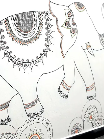 This staircase project was very special. I painted a series of animals with intricate, traditional Indian motifs. This elephant, with its detailed saddle and patterns, brings a delicate and pleasant vibe to an often-overlooked part of the home.