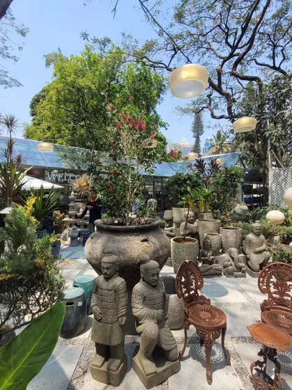 Inside the Beruru store, the retail space is designed as an eclectic garden courtyard. A mix of terracotta warriors, ornate chairs, and diverse planters are arranged under the canopy of a large, existing tree.