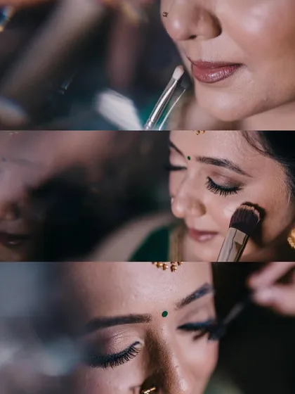 A collage of close-up shots showing the details of a bride's makeup application.