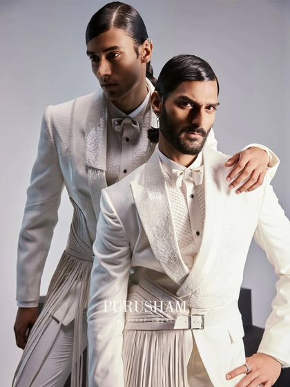 Timeless elegance in white. This image showcases two variations of my modern white suit, one with a fringed belt and the other with a corseted waist, demonstrating my approach to creating unique, coordinated looks.