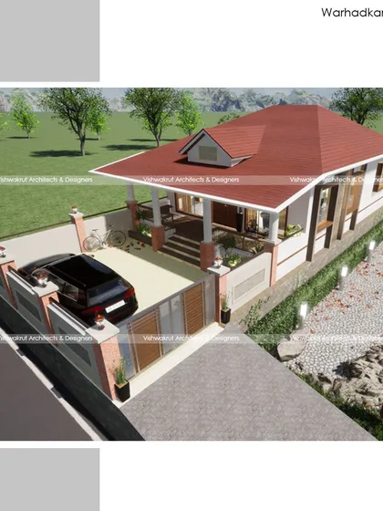 An architectural render for a traditional Kokan-style house in Kudal, Sindhudurga. The design features a sloping roof, a welcoming porch (verandah), and a compound that suits the regional aesthetic.