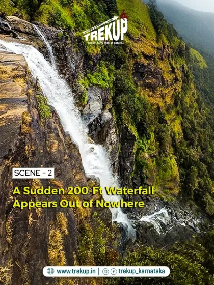 Scene 2 of the Bandaje story: a sudden 200-foot waterfall appears out of nowhere. It is a dramatic and beautiful moment on the trek.