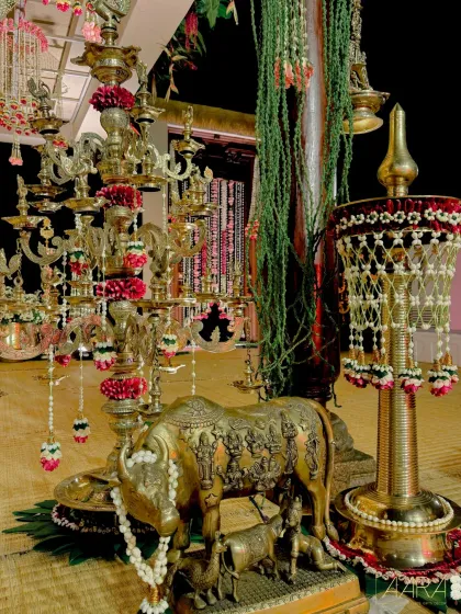 This surreal sunrise wedding was set against the infinite backdrop of the Bay of Bengal. I used traditional concepts like ornate brass lamps and a magnificent Nandi statue, combining them with tropical flowers to create a sacred space that felt both grand and deeply connected to its natural surroundings.
