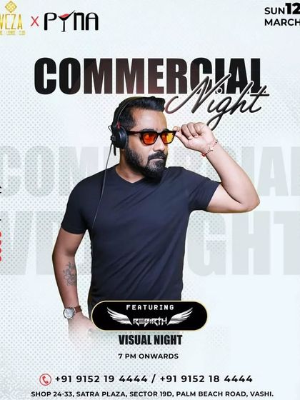 A clean and stylish poster for a 'Commercial Night' at Veza x Pyna.