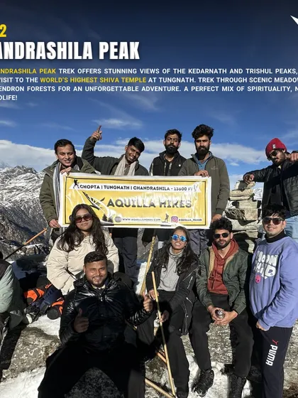 This is the feeling of conquering a summit together. Our group at the Chandrashila peak on the Chopta Tungnath trek, taking in stunning views of the Kedarnath and Trishul peaks after a rewarding hike through scenic meadows.