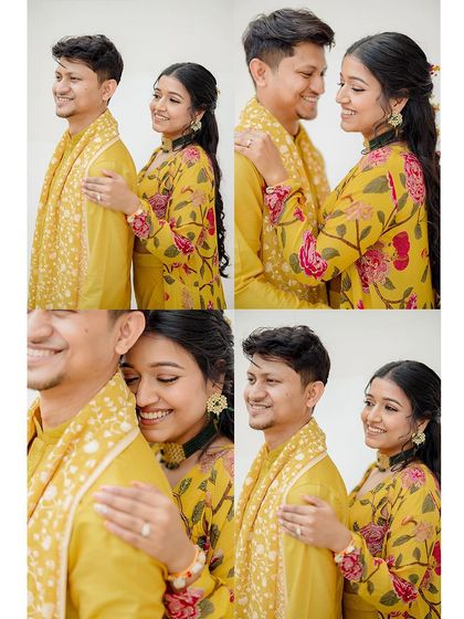 A collage of sweet and romantic portraits of the couple in their matching yellow floral outfits for the Haldi ceremony.