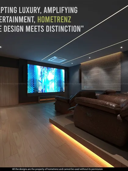 Sculpting luxury and amplifying entertainment. A view of a custom home theatre with plush recliner seats and a raised platform for an authentic cinema experience.