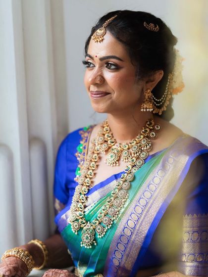 A final portrait of this beautiful Iyer bride, capturing her complete look with the intricate jewellery and elegant makeup.