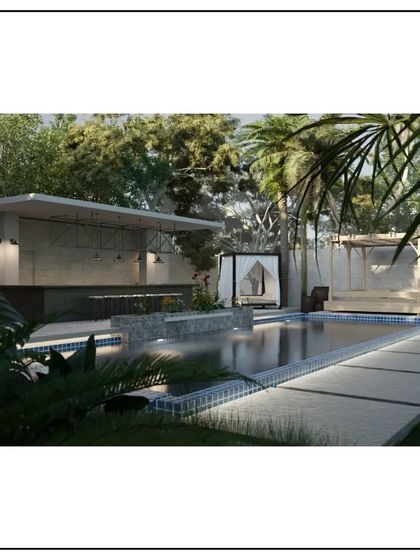 A realm where dreams transcend into architectural marvels. This rendering showcases a luxury pool area with a dedicated bar and cabana, designed for sophisticated entertaining and relaxation.