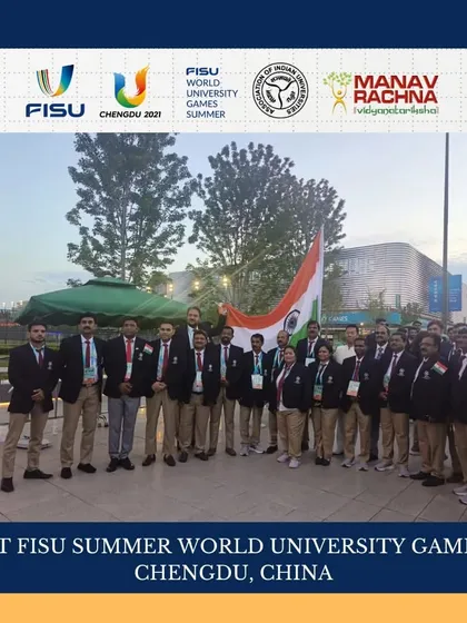 The Indian shooting contingent, supported by our academy, poses for a group photo at the World University Games, where they became the overall shooting champions.