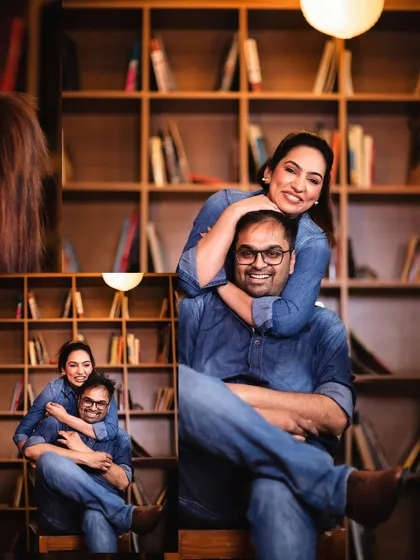 A fun and loving moment from their library-themed pre-wedding shoot. Her arms wrapped around him shows their deep connection and comfort with each other.