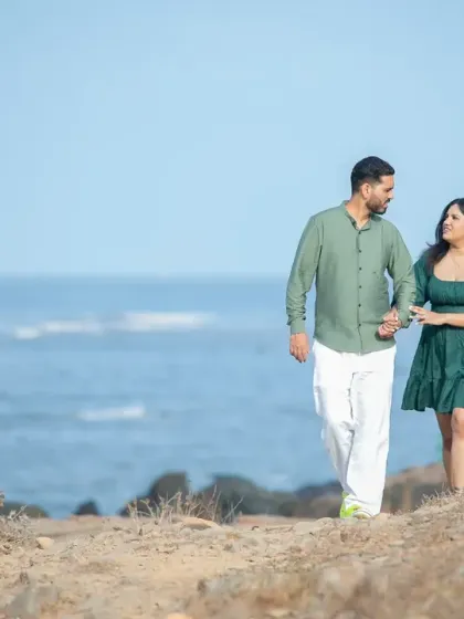 A casual stroll along the coast during a pre-wedding shoot. I aim to make my sessions feel like a relaxed date, which helps in capturing natural and authentic moments.