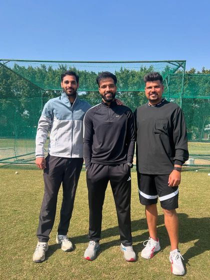 A day at work with cricketers Bhuvneshwar Kumar and Karn Sharma. Being on the field with these top athletes, helping them prepare, is what my job is all about.