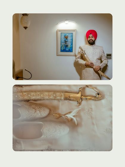 A diptych focusing on the groom's details: his elegant sherwani, his kirpan, and his traditional shoes (juttis).
