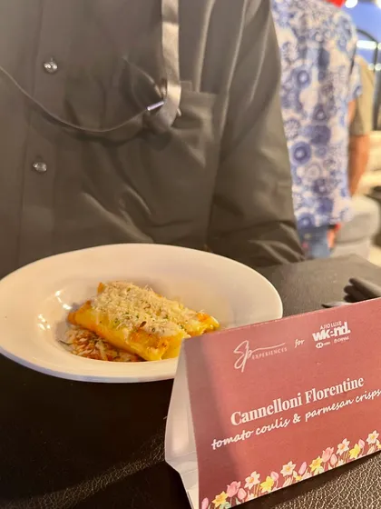A serving of Cannelloni Florentine, with its rich tomato coulis and parmesan crisp, being served at the Ajio Luxe Weekend.
