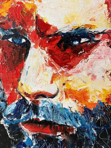 This is a work-in-progress shot showing the beginnings of a portrait. This is how it all started about eight years ago, developing this style of building the face with bold, colorful strokes of thick paint.