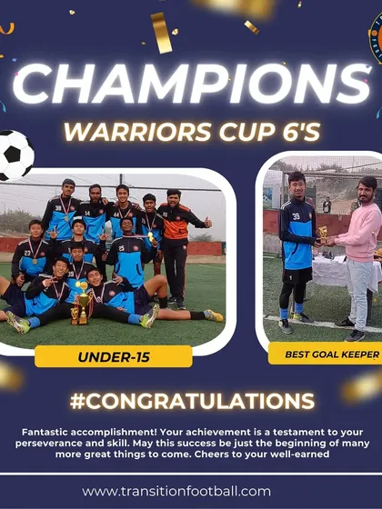 A fantastic accomplishment in the Warriors Cup 6's. My U-15 team secured the championship, and our goalkeeper was recognized as the best in the tournament, highlighting both team and individual excellence.