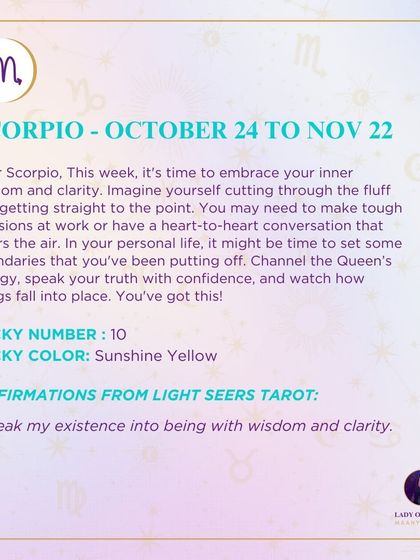 A weekly tarot prediction for Scorpio. This week, it's time to embrace your inner wisdom and clarity. You may need to make tough decisions at work or have a heart-to-heart conversation that clears the air. You've got this.