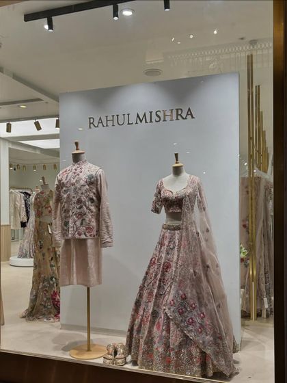 The window display at the Rahul Mishra store. His work, known for its incredible 3D embroidery, is a constant source of inspiration for high-end bridal and occasion wear.