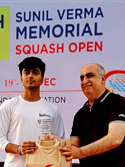 Our Boys U-17 champion receiving his gold trophy at the 9th Sunil Verma Memorial Squash Open.