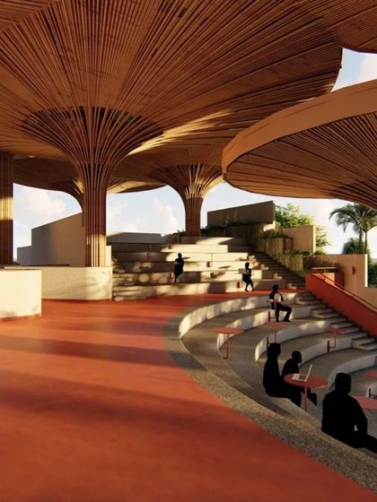 A digital render created during the design phase of the TAPMI Centre, which we used to visualize the interplay of light, shadow, and material in the communal terrace space.