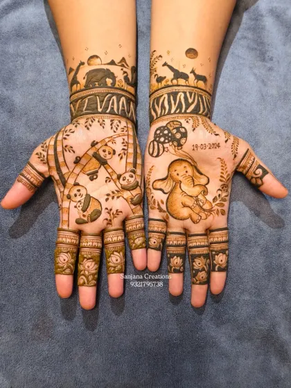 This baby shower mehndi was so special to create. We included a cute baby elephant, playful pandas, a jungle safari band, and even the baby's name 'Vivaan' and due date to make it a beautiful keepsake for the mom-to-be.