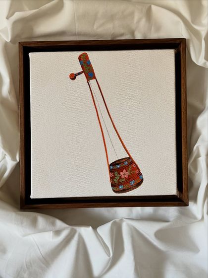 A miniature painting of an Ektara, a single-stringed musical instrument. This piece is part of a series exploring the divine connection found in music, rendered with fine detail on a small canvas.