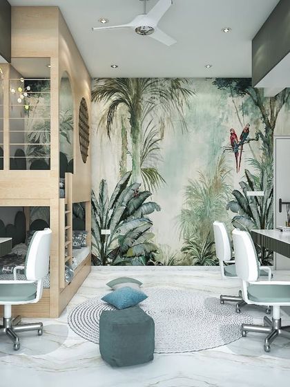 A shared kids' room concept with a jungle wallpaper mural. The design includes two separate study desks and a central bunk bed structure to maximize space for two children.