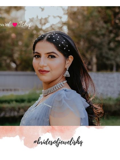 Meet Janhavi, one of my lovely brides. For her fairytale wedding, she wanted a look that was simple, chic, and elegant. We chose this sleek diamond choker and matching jhumkas to create her perfect look.