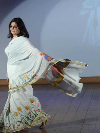 Another shot from the "Bharat Ki Nari in Sari" event, showing the flow and movement of the hand-painted Kerala cotton saree. It was an honor to showcase my art in this unique way.