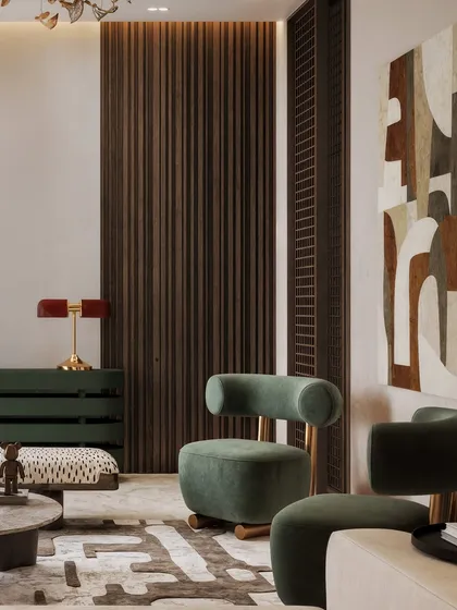 This angle emphasizes the contrast between the dark fluted wood wall and the bright, abstract artwork, demonstrating a balance of bold elements.