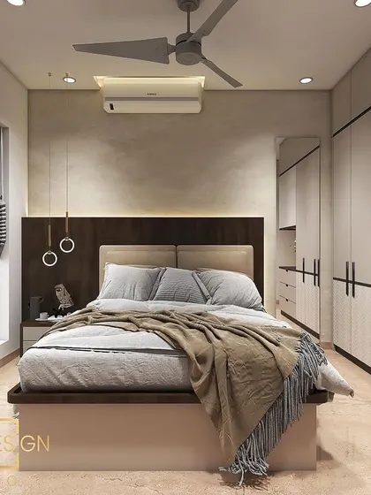 Another angle of the Powai guest bedroom render, showcasing the full-length wardrobe and integrated dressing unit.