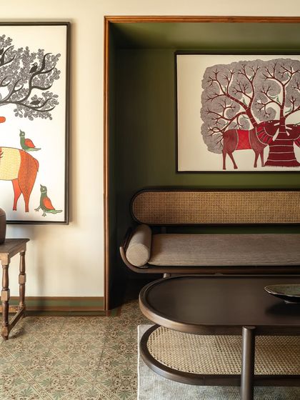 Our customized print pattern tiles used in the House of Gond project. The design blends contemporary art with timeless simplicity, adding a touch of refined sophistication to this unique home.