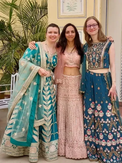 We love dressing up friends for Indian weddings. Here's a group of happy clients in a variety of our pre-owned lehengas, from a teal green piece to a delicate baby pink one.