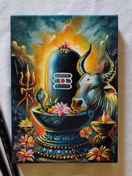 A top-down view of the Mahadev canvas. This angle highlights the composition and the balance between the different elements in the painting.