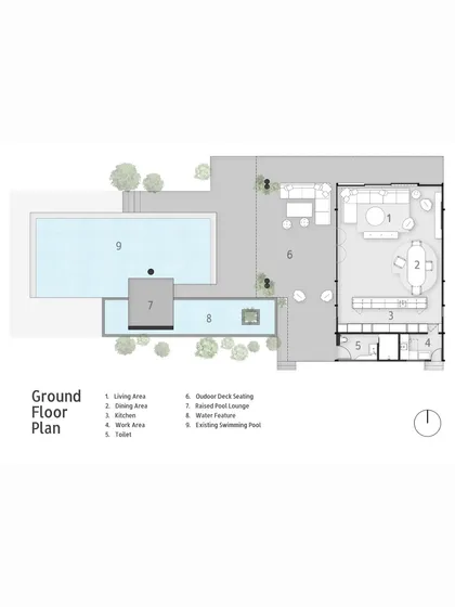 The ground floor plan illustrates the open and fluid layout of the Pool House. You can see the clear visual axis from the indoor living area, across the deck, to the swimming pool, emphasizing the indoor-outdoor connection.