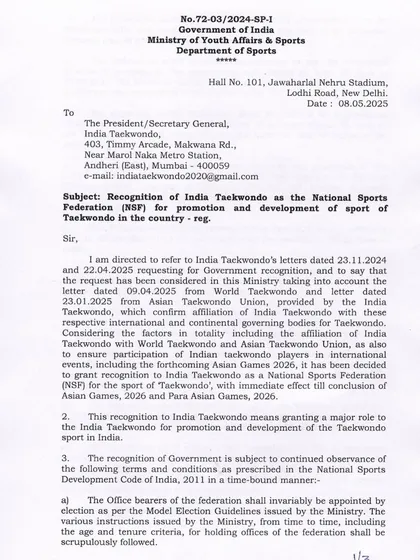 This is a moment of immense pride for us. The official recognition of India Taekwondo by the Ministry of Youth Affairs and Sports validates our years of hard work and dedication to promoting the sport across the country.
